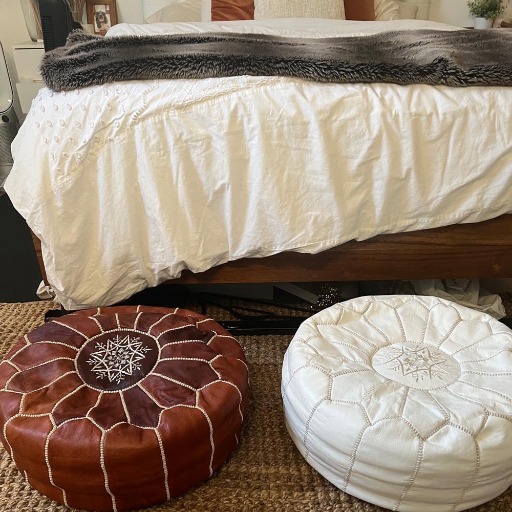 2 unstuffed Premium Moroccan Leather Pouf Ottoman, round, brown and white